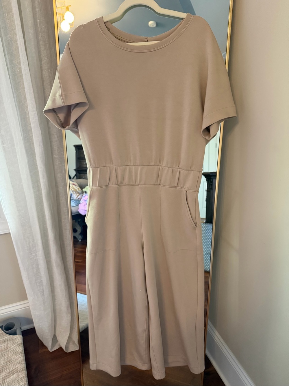 SPANX Short-Sleeve Wide-Leg Jumpsuit in Taupe